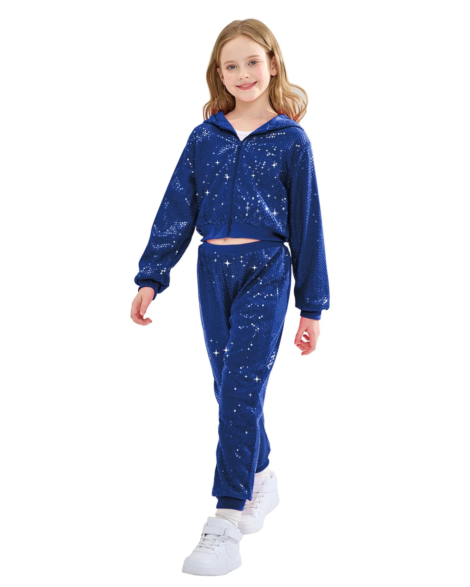 LOLANTA Girls Sequin Costume Jacket and Pants (Royal blue, 10-11Y) | Dazzling Sequin Dance Outfit for Girls