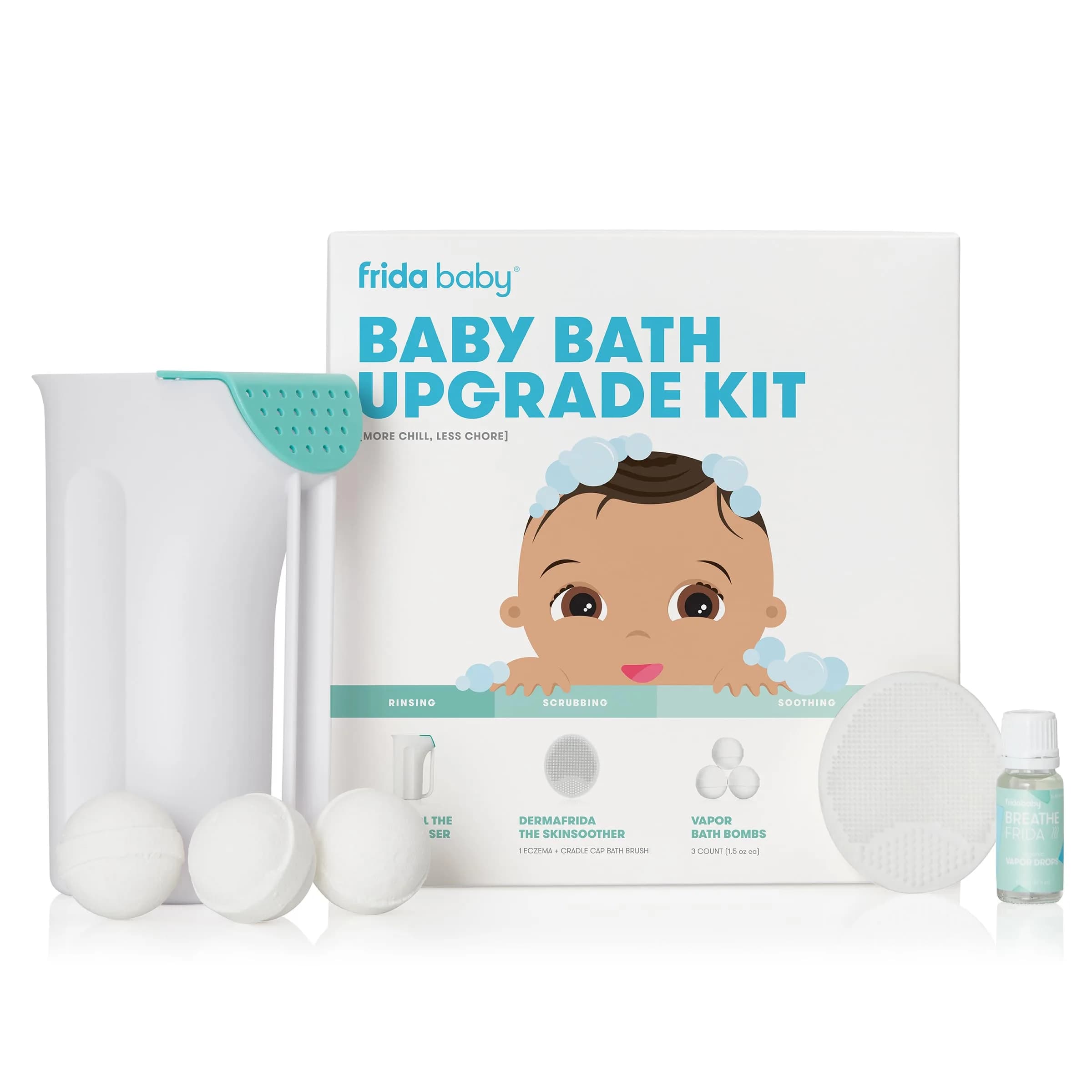 Frida Baby Bath Upgrade Kit with Vapor Drops, Rinser Cup, Silicone Brush & Bath Bombs | 6-Piece Set - main product image