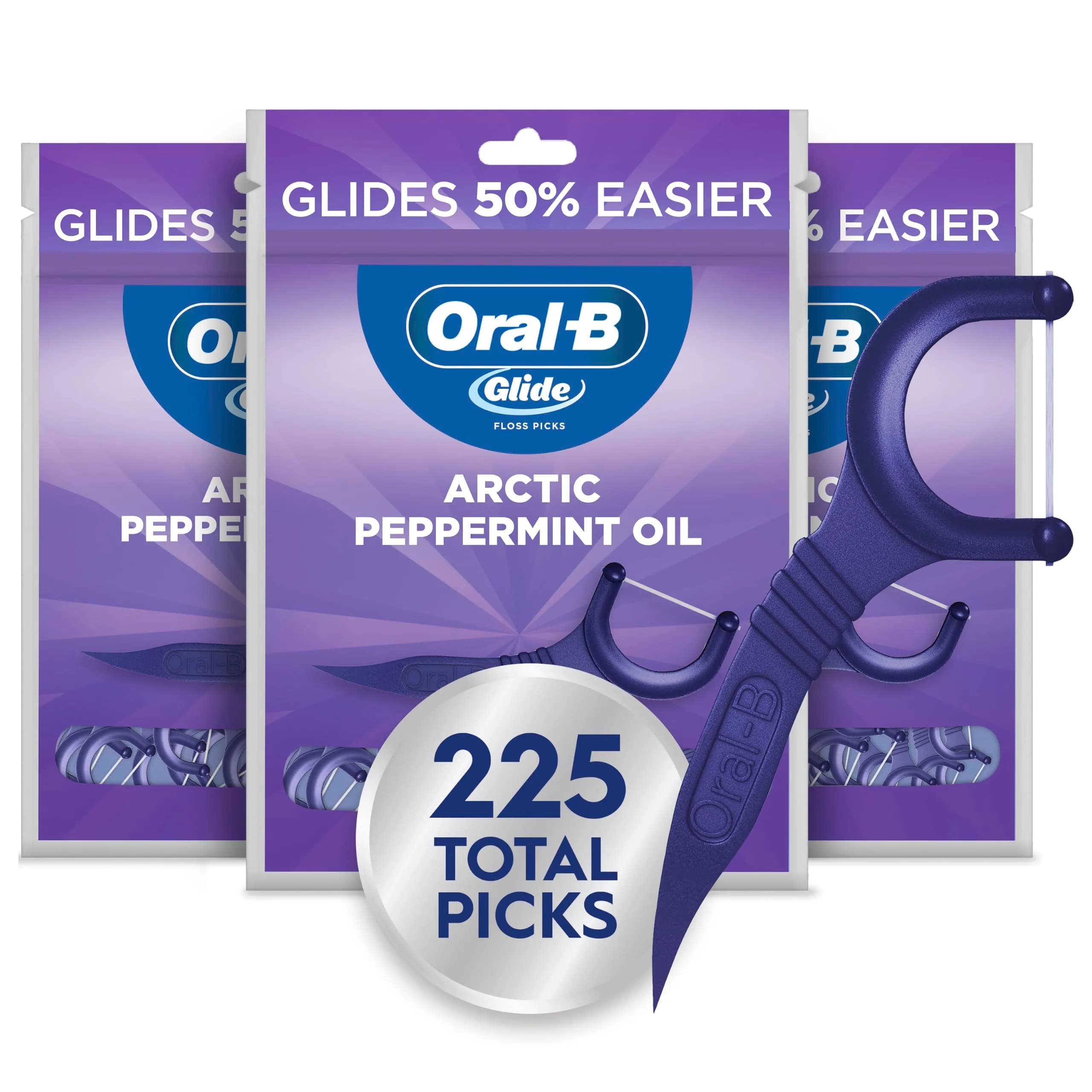 Oral-B Glide Peppermint Dental Floss Picks with Arctic Peppermint Oil Flavor, 225 ft (75 ft x 3) | Shred-Resistant, PTFE-Free - main product image