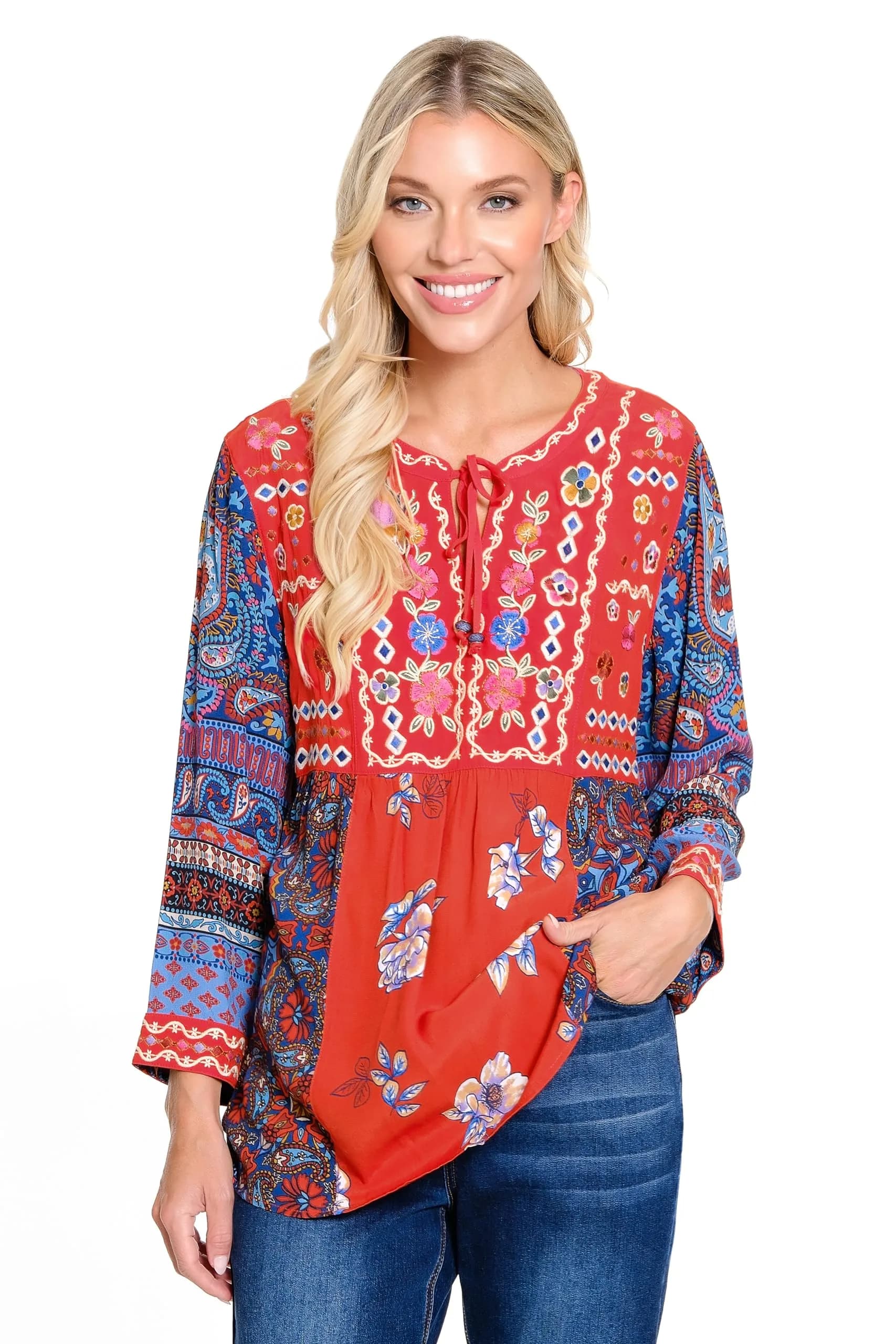 john mark Embroidered Tie Front Multi Print Tunic with Tassel Trim M | 3/4 Sleeve, Rayon, US Size M - main product image