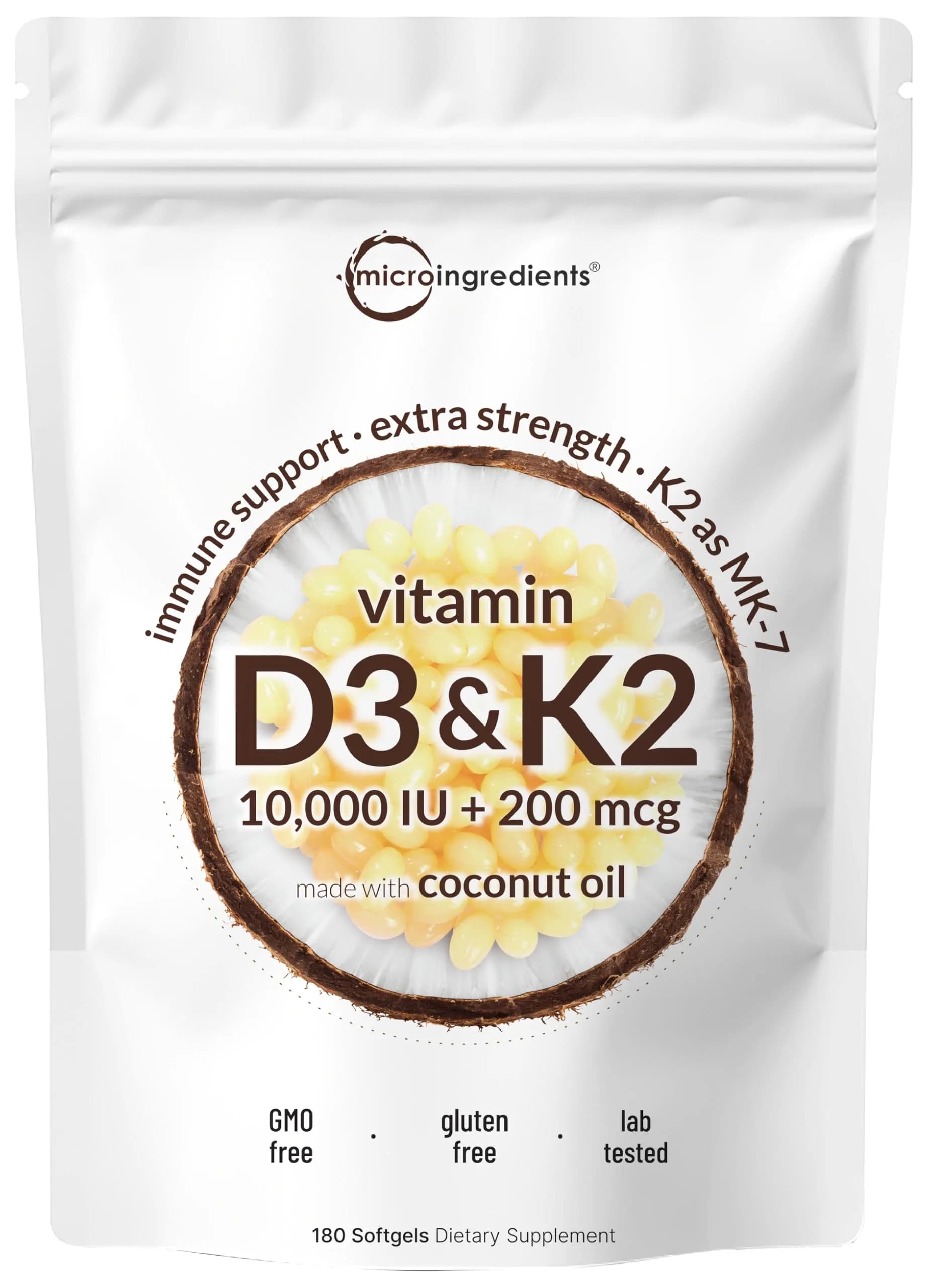 Micro Ingredients Vitamin D3 K2 MK-7 10,000 IU 200mcg 180 Mini Softgels | Bone & Immune Support