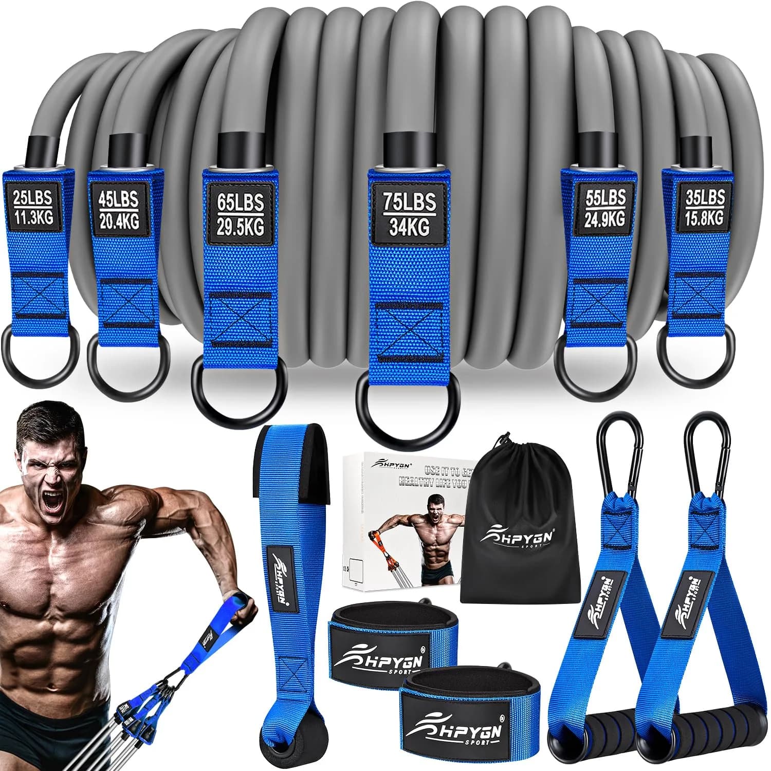 HPYGN 300lbs Heavy Resistance Bands Set with Handles, Door Anchor & Ankle Straps | 6 Levels for Muscle Training - main product image