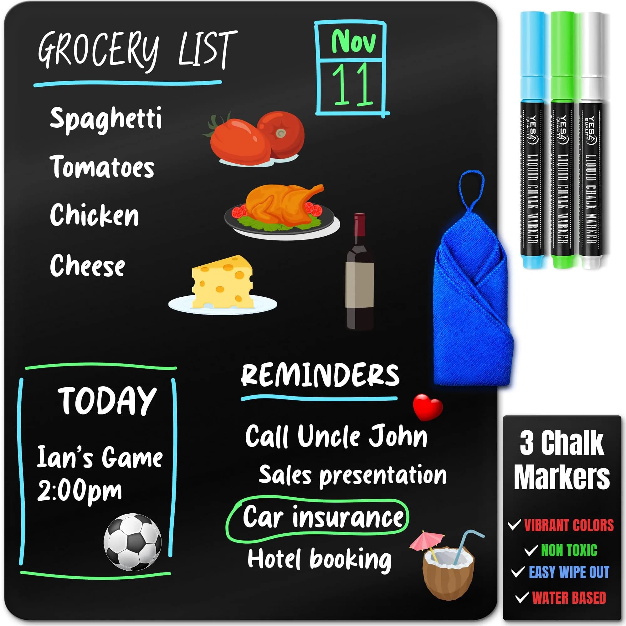 YES4QUALITY Magnetic Black Dry Erase Board 19x13” | Stain-Resistant, Magnetic, for Fridge - main product image