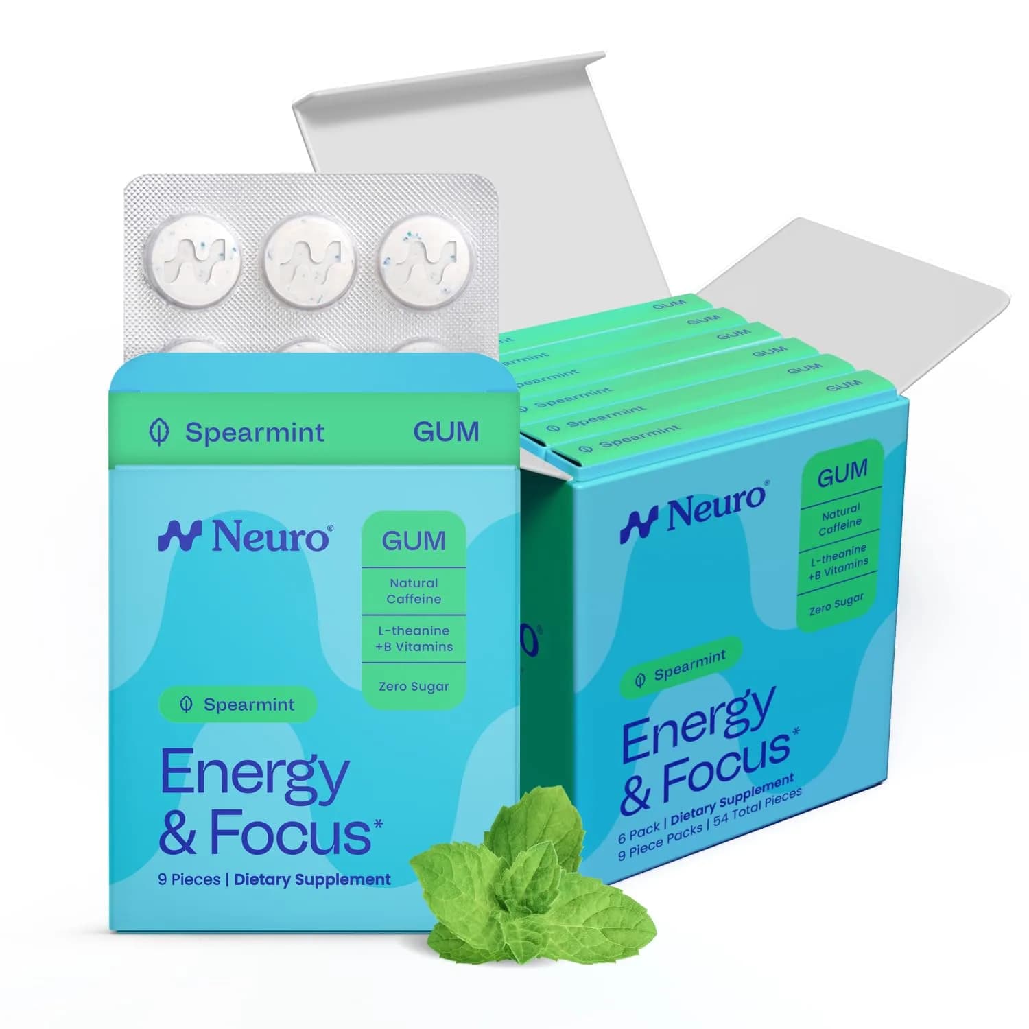 Neuro Energy & Focus Gum, Spearmint, 54 Count (9 Pieces Per Pack x 6 Packs) | Nootropic Supplement for Clarity & Performance - main product image