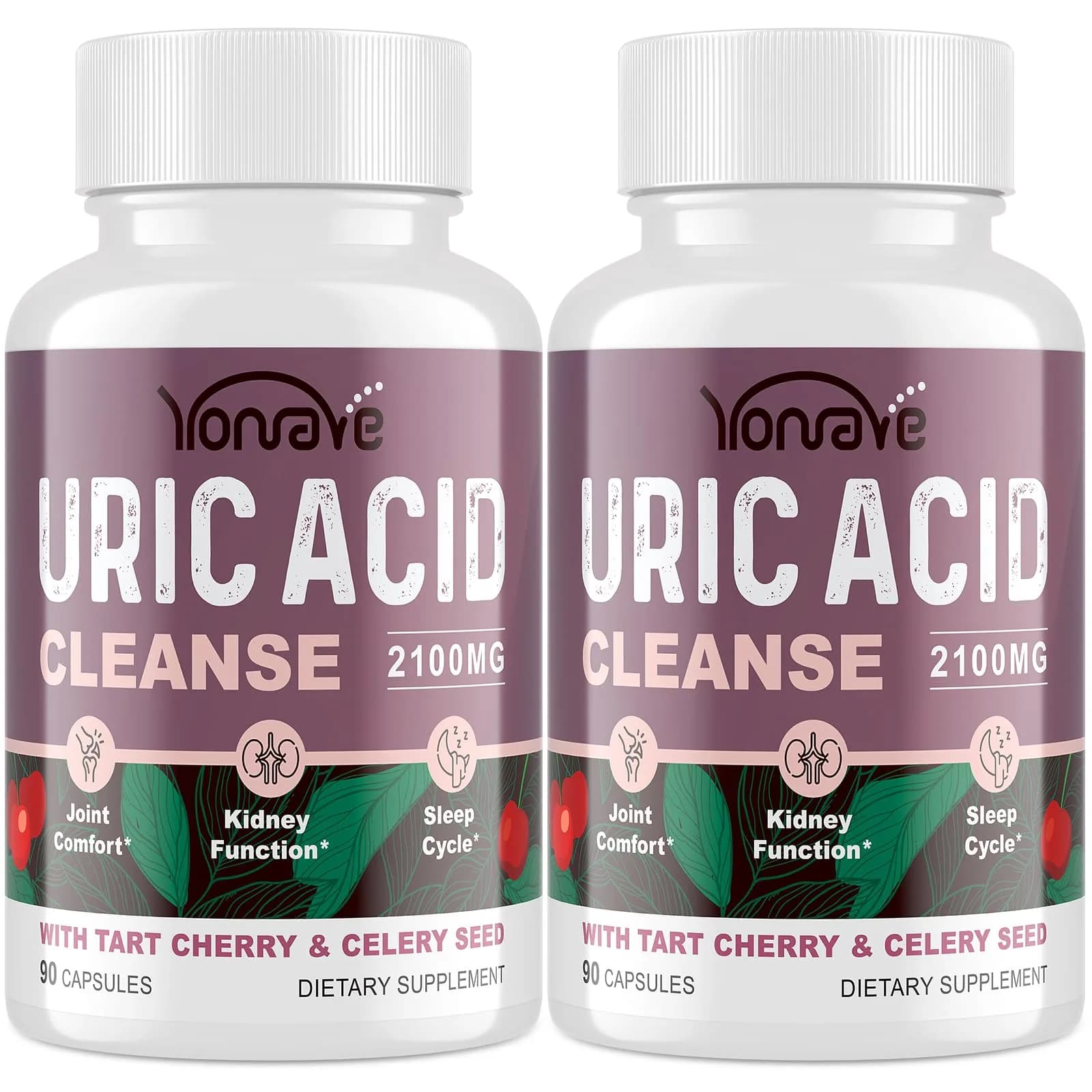 Yonrave Uric Acid Cleanse & Detox with Tart Cherry, Celery Seed | Supports Joint, Kidney & Sleep (90 Veggie Capsules, 2 Bottles) - main product image