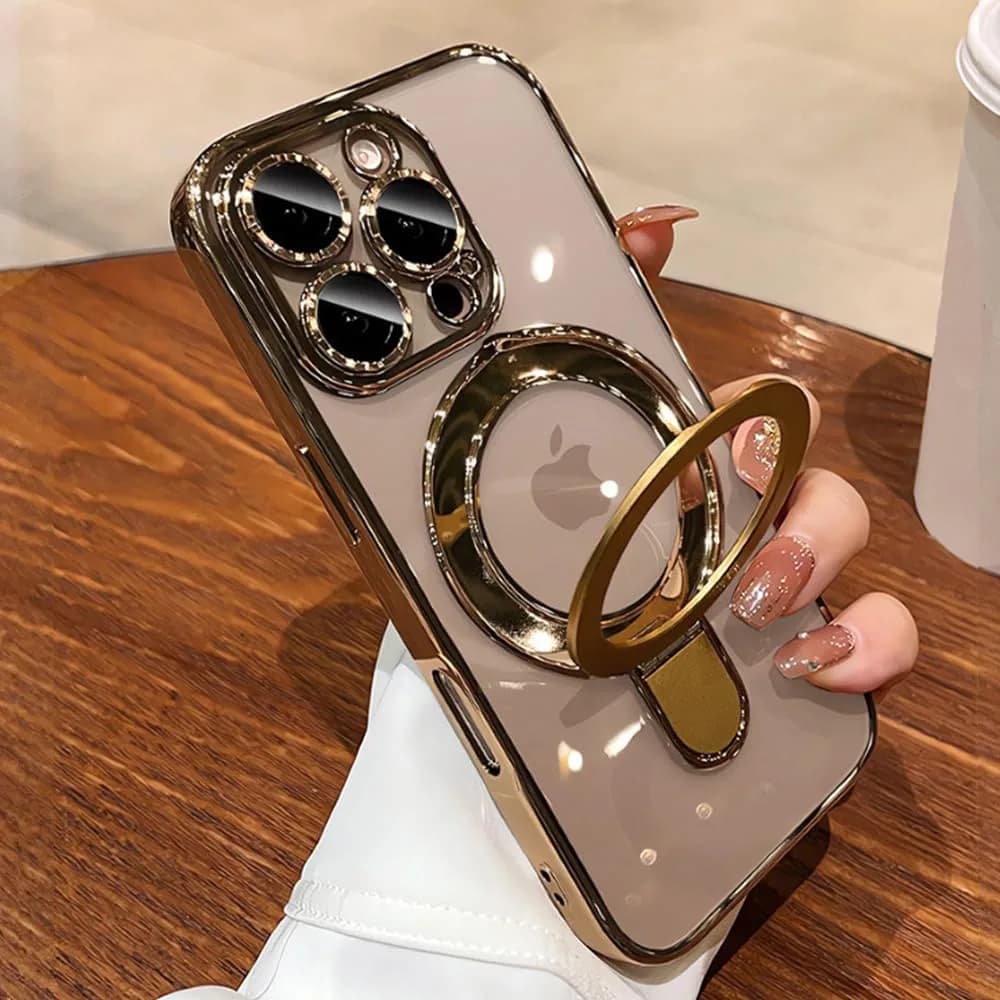 Omio Magnetic Invisible Stand Case for iPhone 16 Pro Max 6.9 inch | Clear Plating Soft Shockproof with Camera Lens Protector — Desert Titanium / iPhone 16 Pro Max