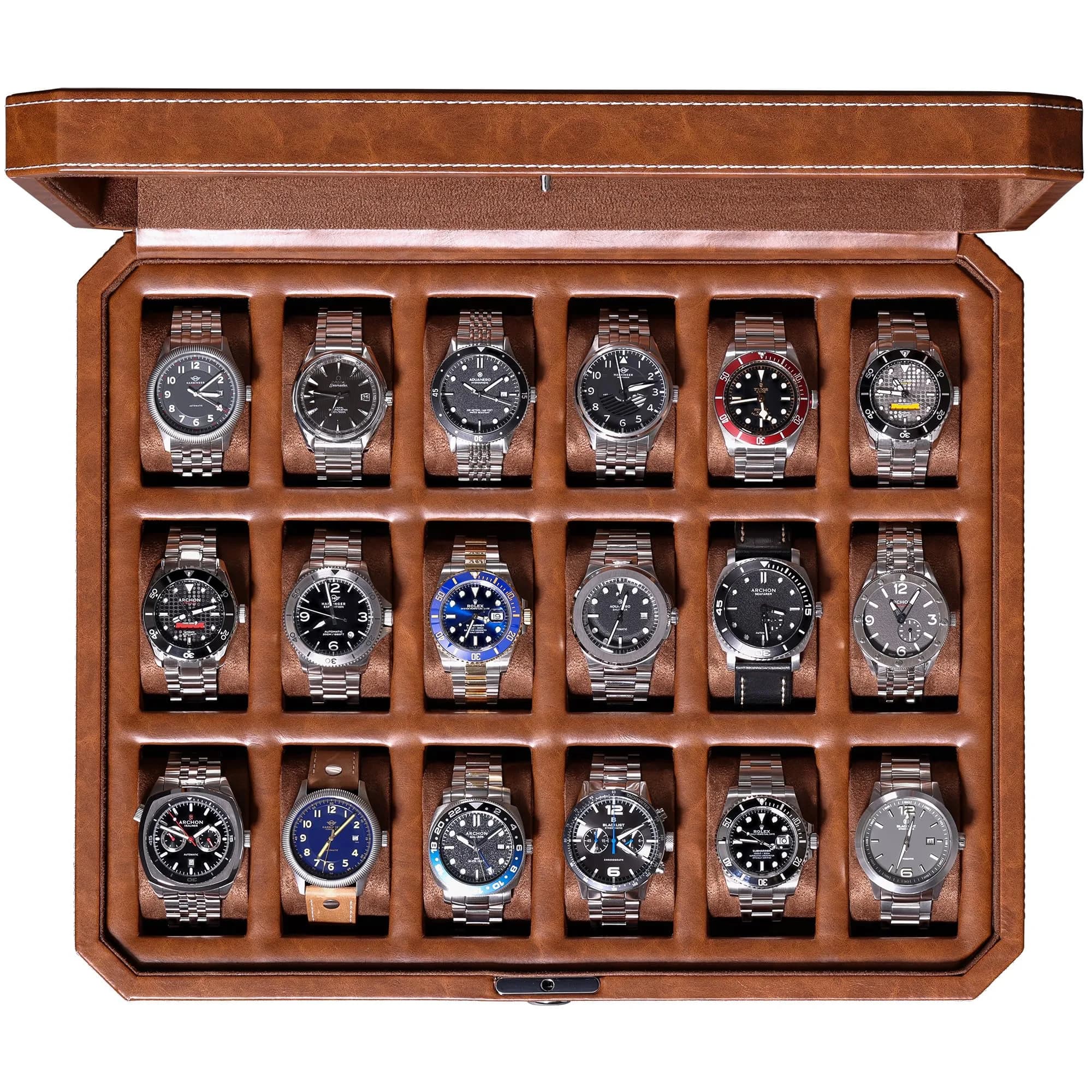 ROTHWELL 18-Slot Watch Case – Luxury Watch Box for Men, Real Glass Top, Lockable, Elegant Display for Collections (Tan/Brown) - main product image
