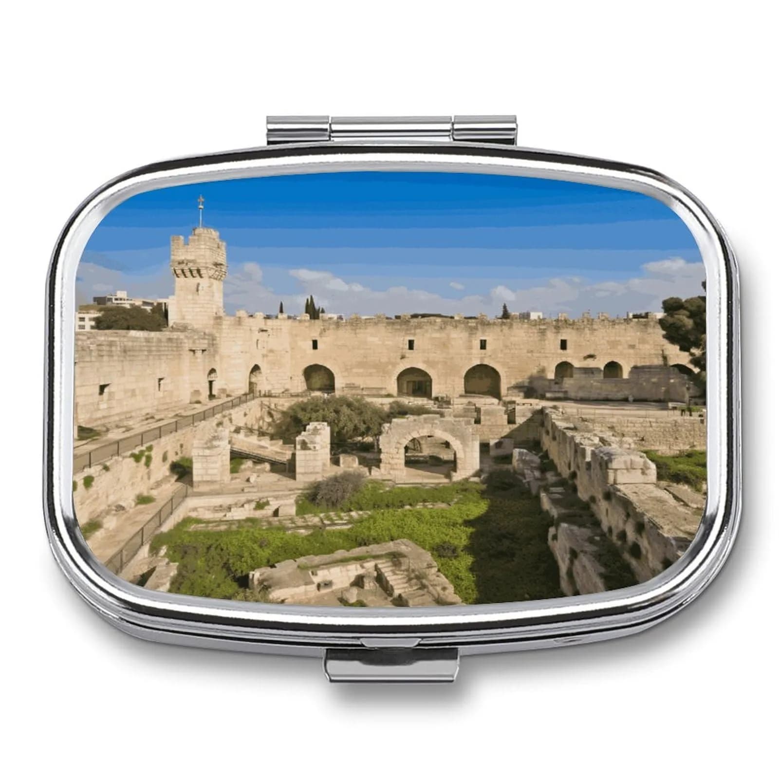 SLKFJEWT Portable Pill Case with Mirror, Israel at The Tower of David Compact Travel Medicine Box - main product image