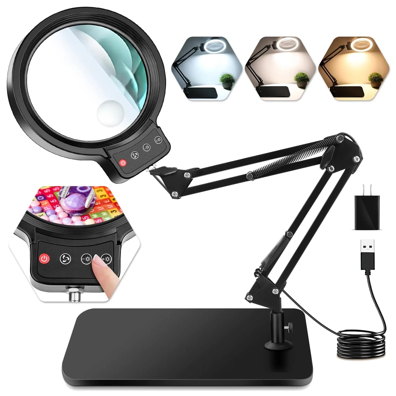 HQGZQL 10X 30X Large Magnifying Glass with Light and Stand | 5-inch Lighted Magnifier, 72 LED, Dimmable, Hands-Free Desk Lamp - main product image