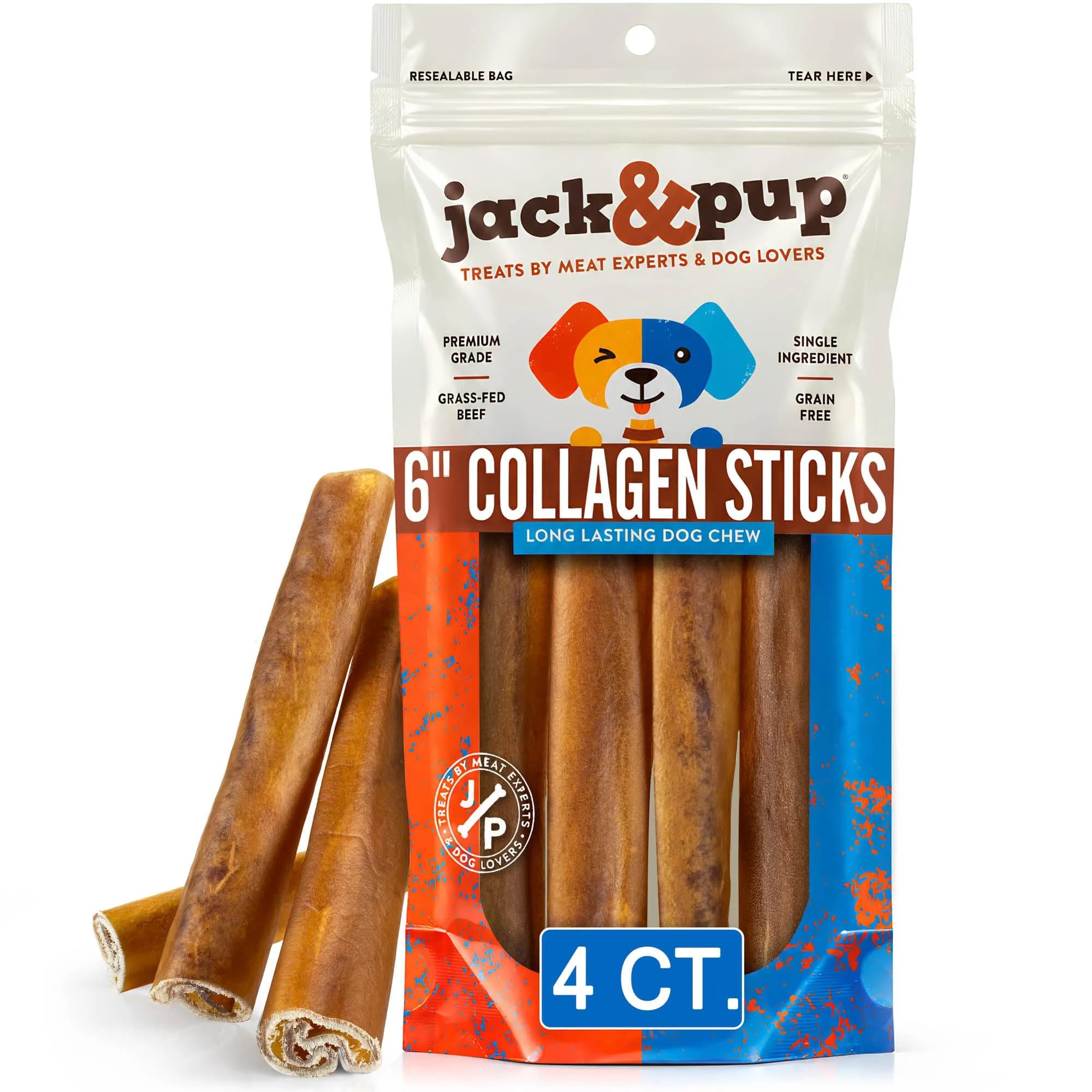 Jack&Pup Collagen Sticks for Dogs 4 Pack | Rawhide-Free, Long Lasting 6 inch Chews