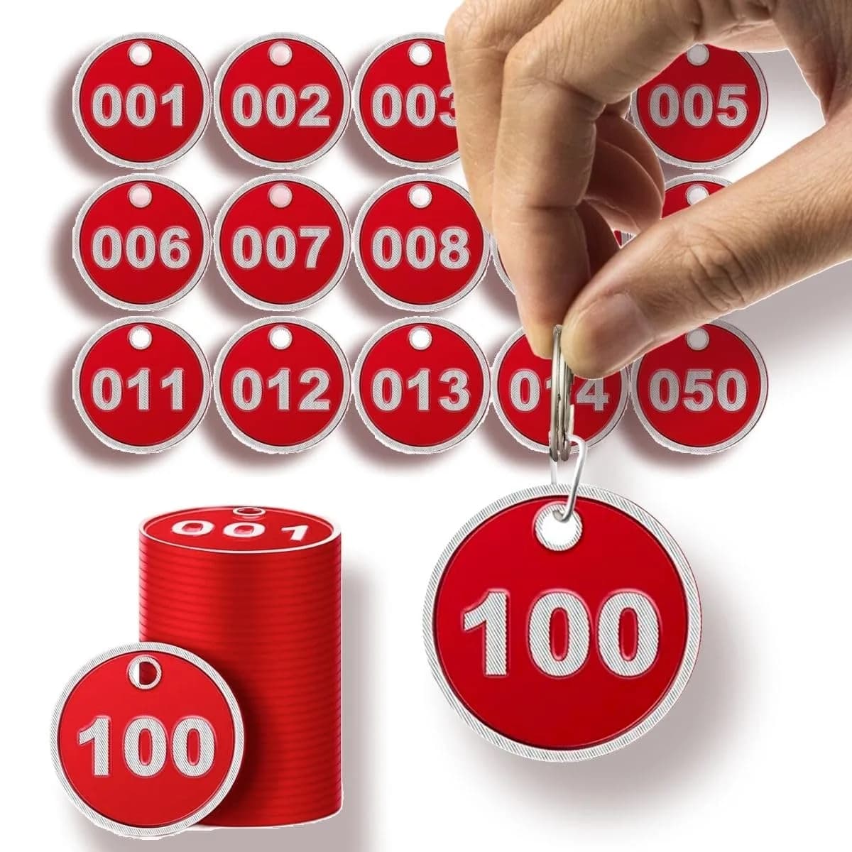 BELMAKS Red Metal Number Tags 1-100 | Durable Alloy Steel Key Tags for Organization