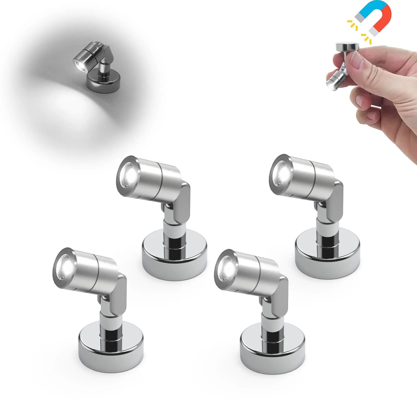 SUZEYAR Miniature LED Light 4 Pack | Battery Operated, Wireless, Magnet Base, Cool White - main product image