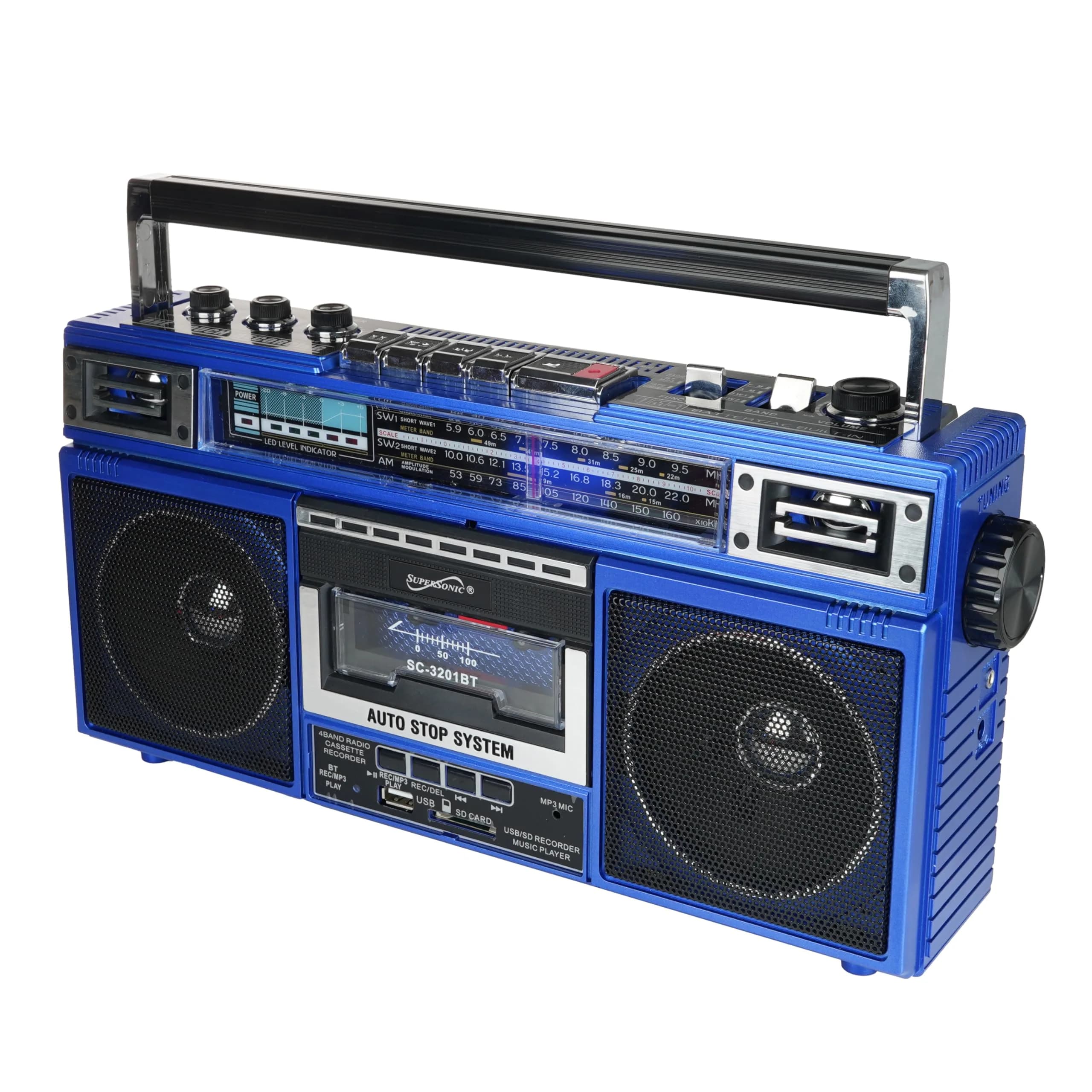 Supersonic SC-3201BT Bluetooth Boombox Cassette Player with AM/FM/SW Radio, USB, SD Card & MP3 Playback (Blue) - main product image