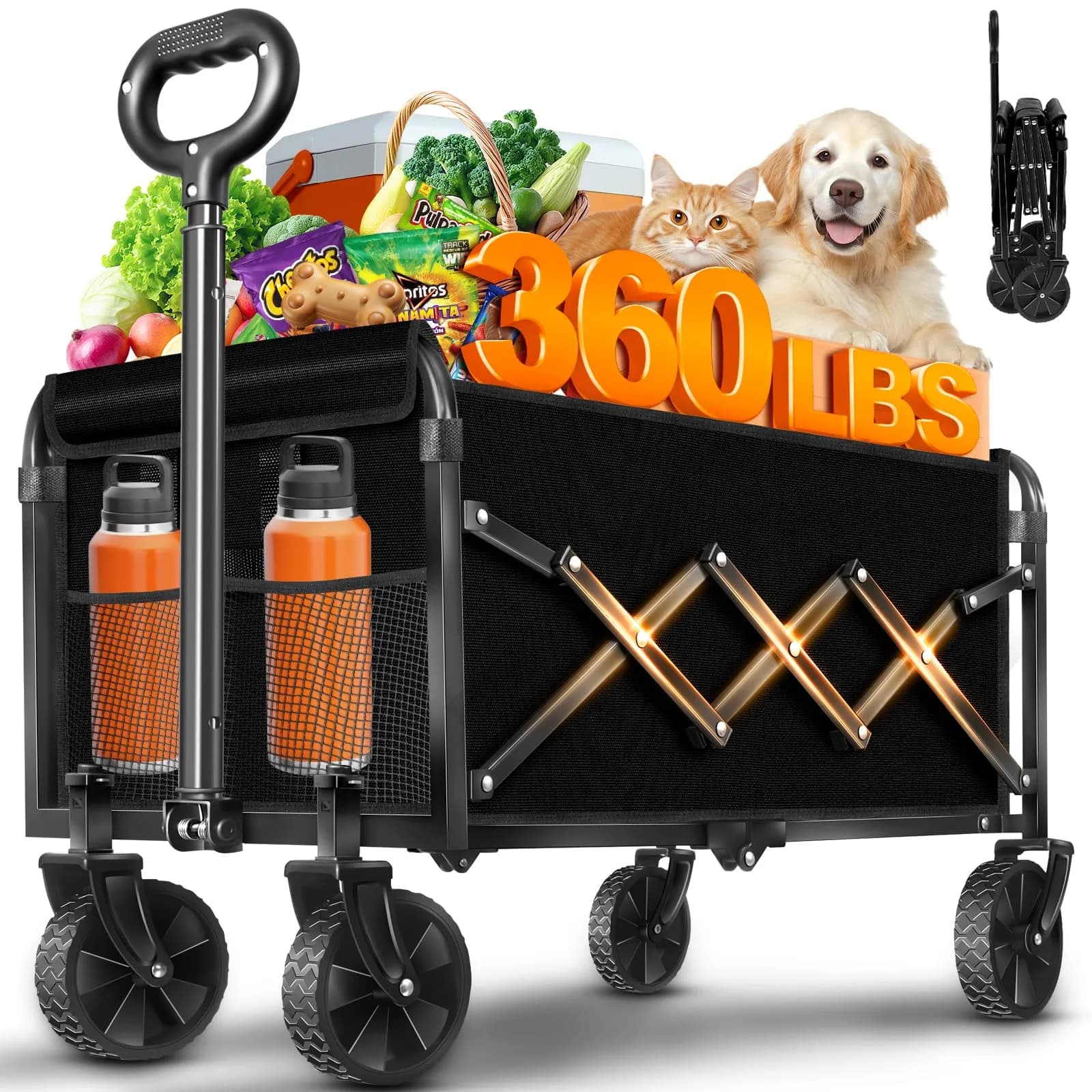 JINIHFW Utility Cart Wagon 360LBS Foldable, Black | Portable Outdoor Folding Wagon with Wheels
