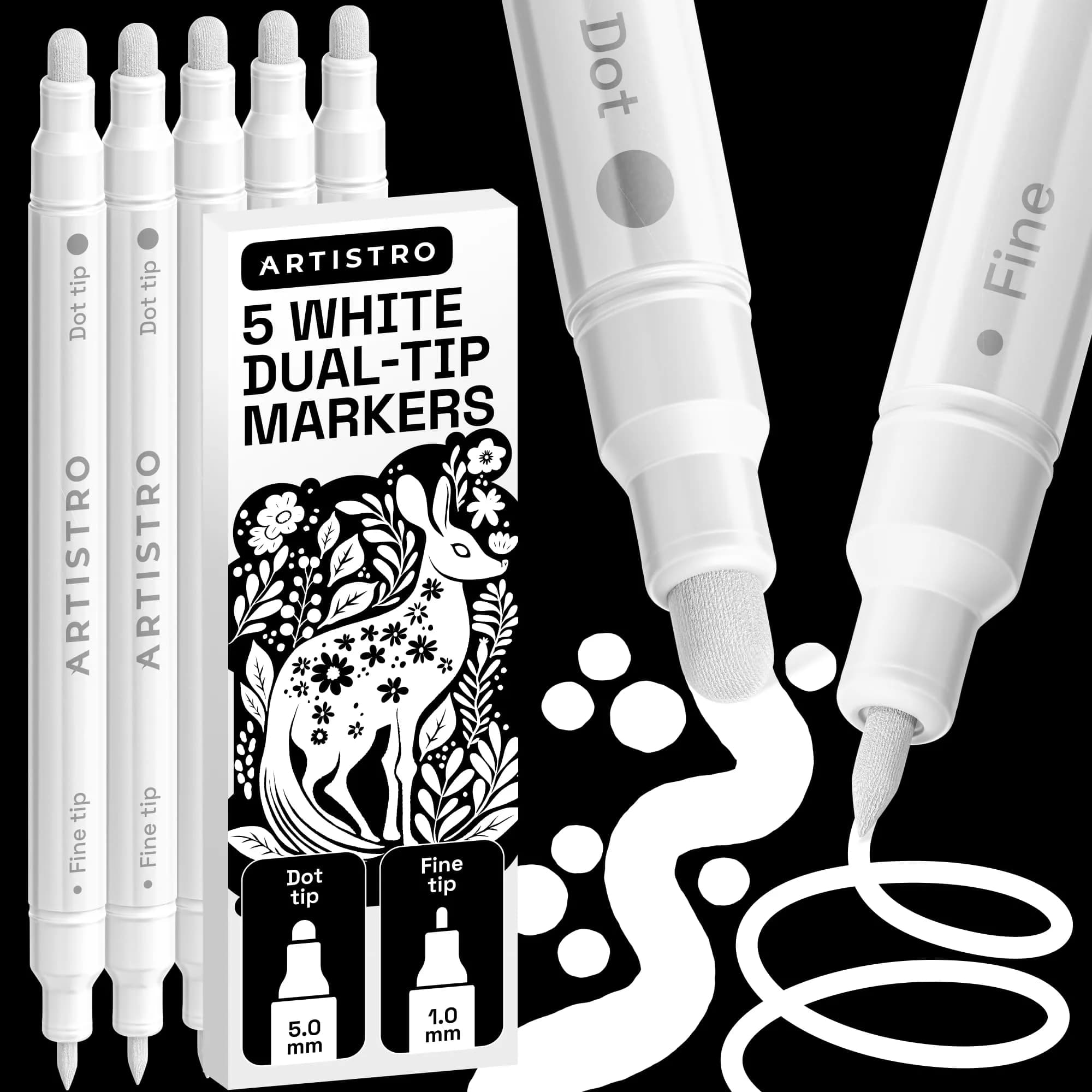 ARTISTRO White Dual-Tip Acrylic Paint Marker Pens Set of 5 | ASTM D-4236 Certified - main product image
