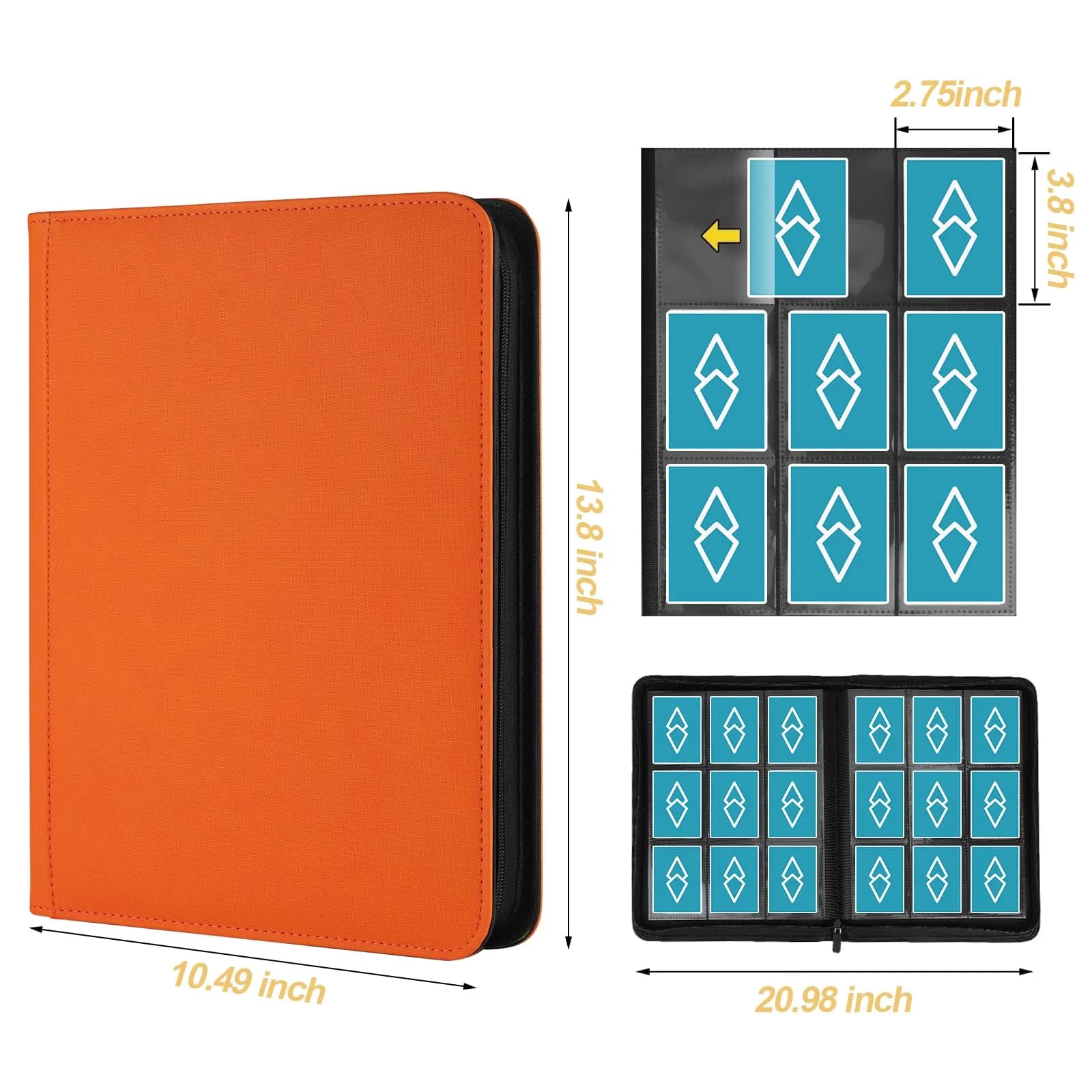 GERMUN 360 Card Ringless Binder, PU Zipper Fixed Page Album for TCG Sports Cards (Orange, 20 Pages) - main product image
