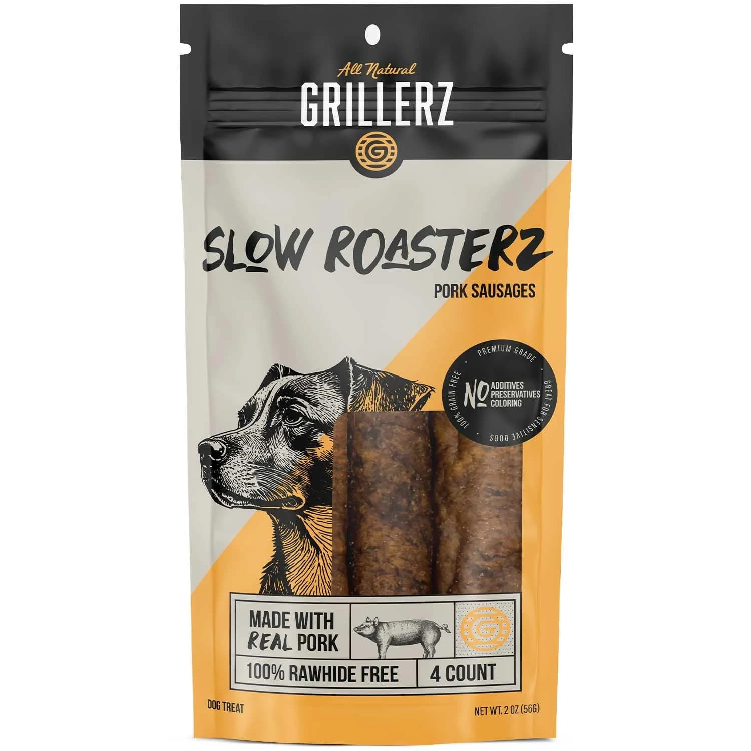 Grillerz Slow Roasterz Pork Sausages 4 Count | Rawhide-Free, High-Protein Dog Chews - main product image
