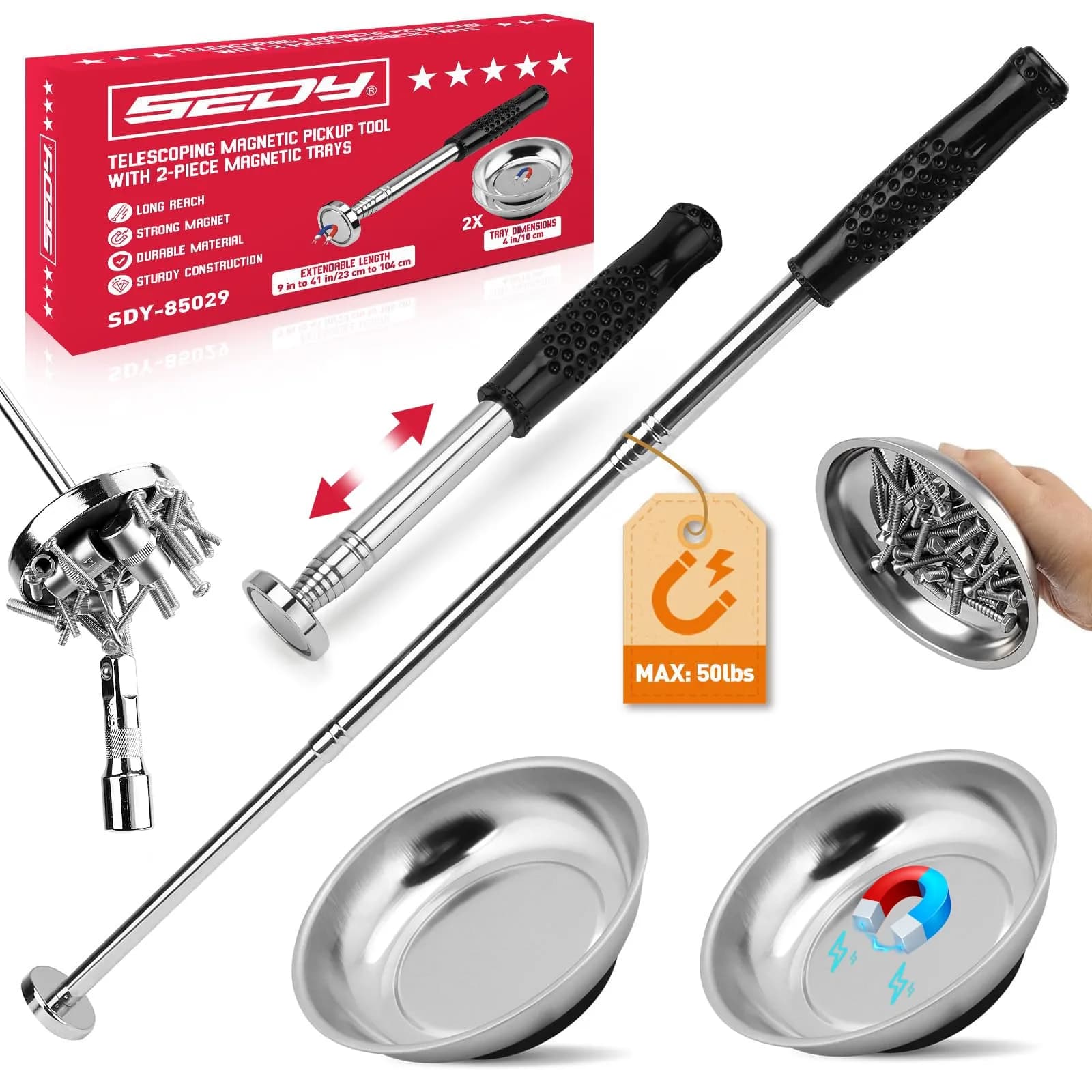 SEDY Telescoping Magnetic Pickup Tool 3 Pack with Parts Tray, 41in Extendable Magnet Stick, 50lb Pull Force | Workshop & Garage Essentials - main product image