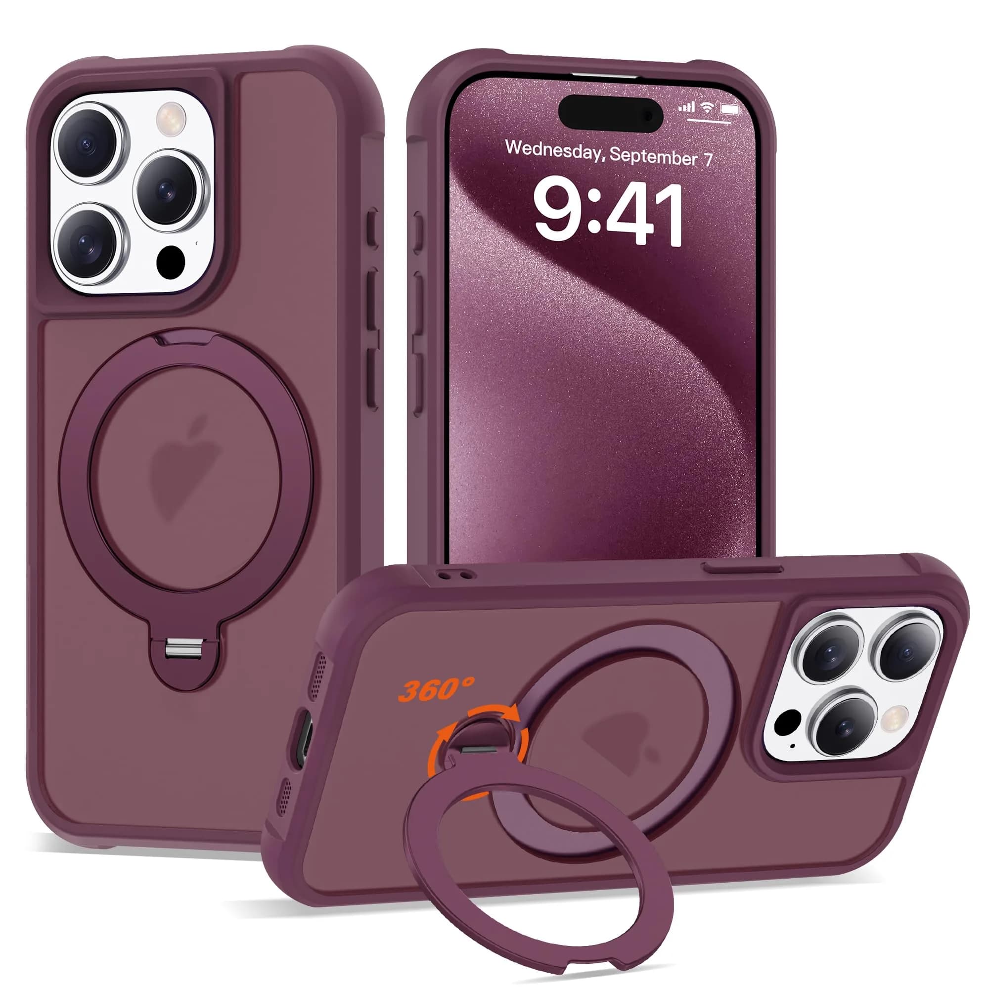 UGENINO Case for iPhone 15 Pro 6.1" | Magnetic 360° Spin Stand, Shockproof, Wine Red