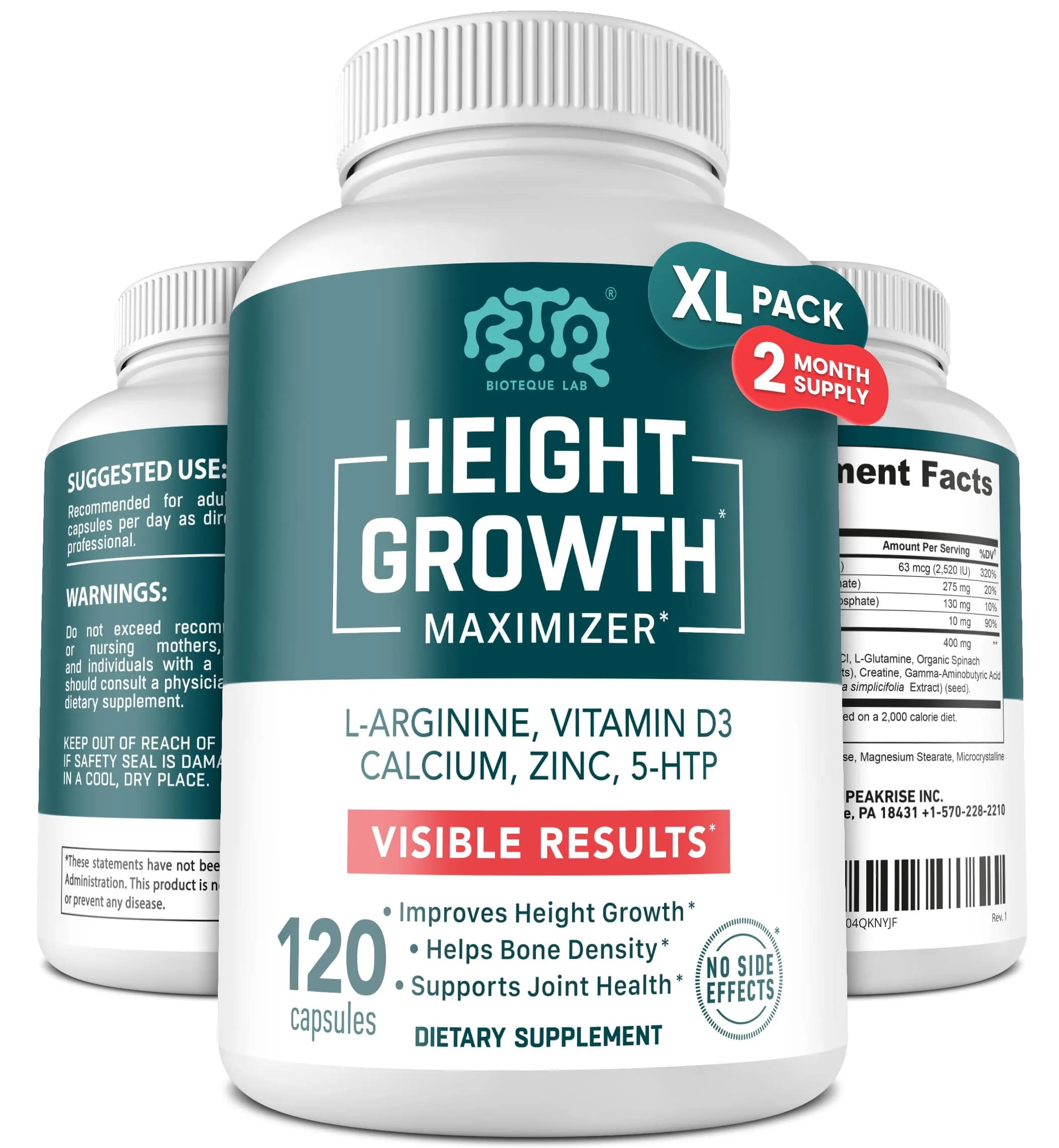 BIOTEQUELAB Height Growth Maximizer, Calcium, Vitamin D3 & Zinc, 120 Caps | Bone Support & Natural Growth