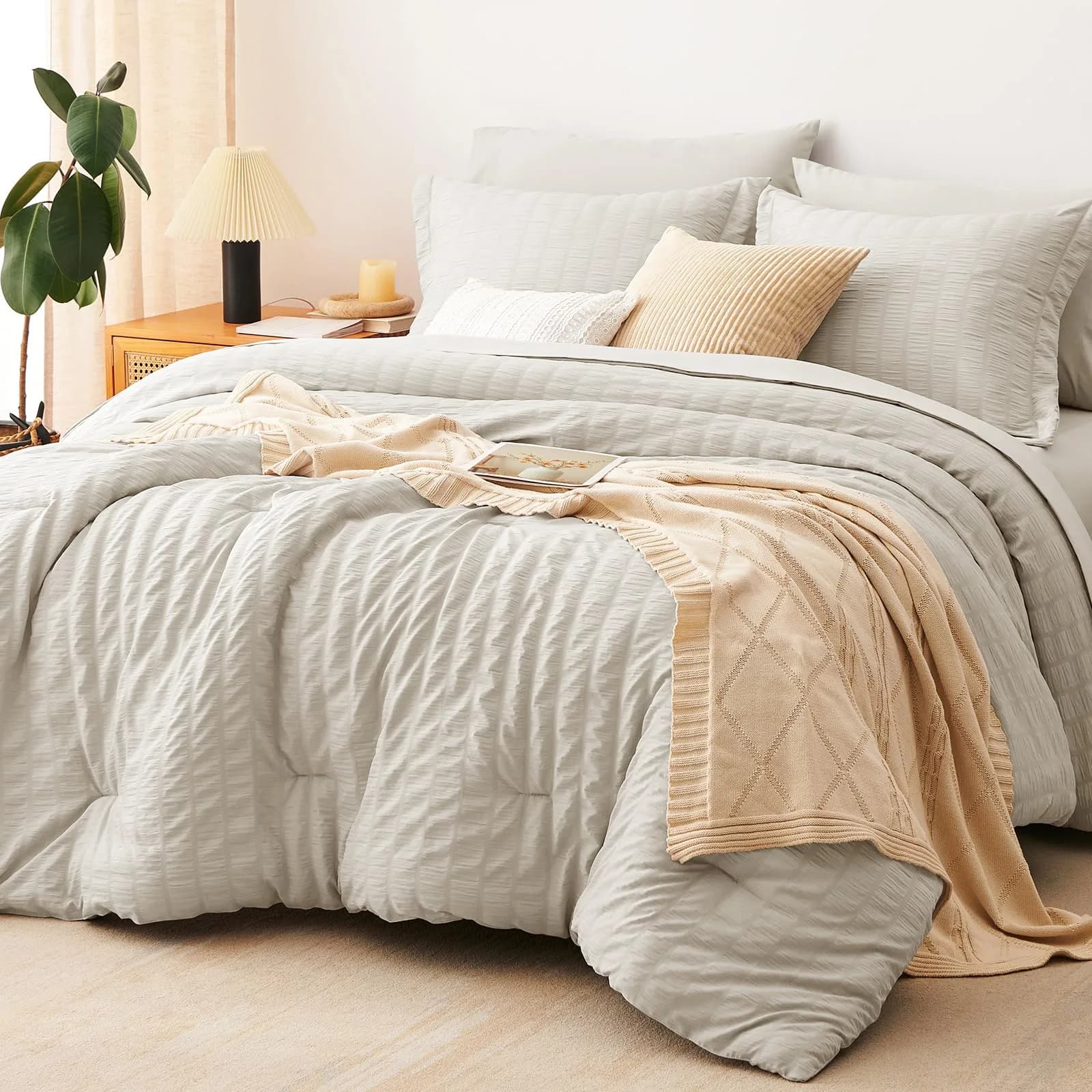 CozyLux Oversized King Comforter Set 120x98 in (305x249 cm), 7-Piece Beige Seersucker Bedding Set | OEKO-TEX Certified - main product image