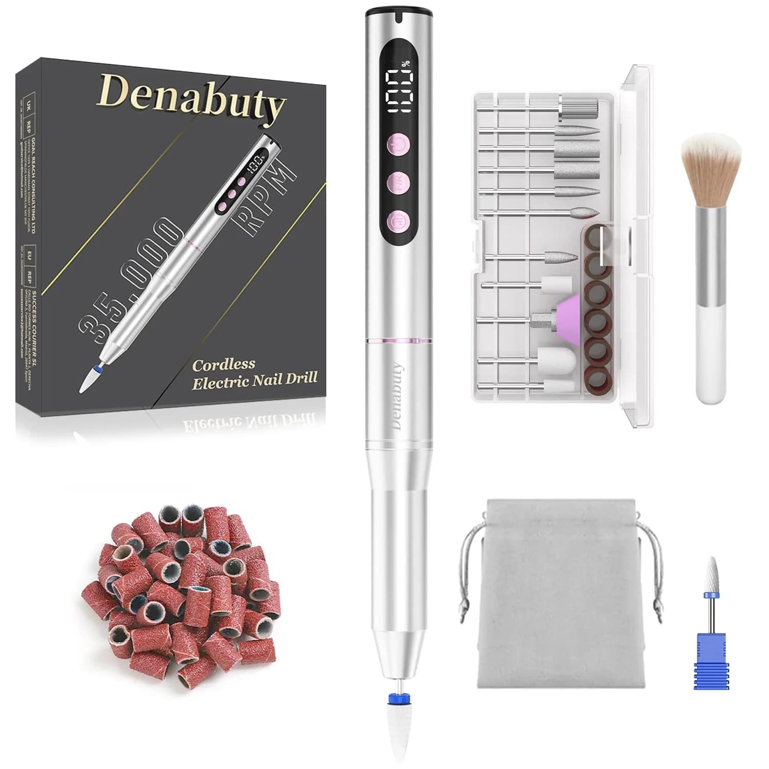 Denabuty Cordless Electric Nail Drill 35000RPM | Professional Manicure & Pedicure Kit with LCD Display - main product image