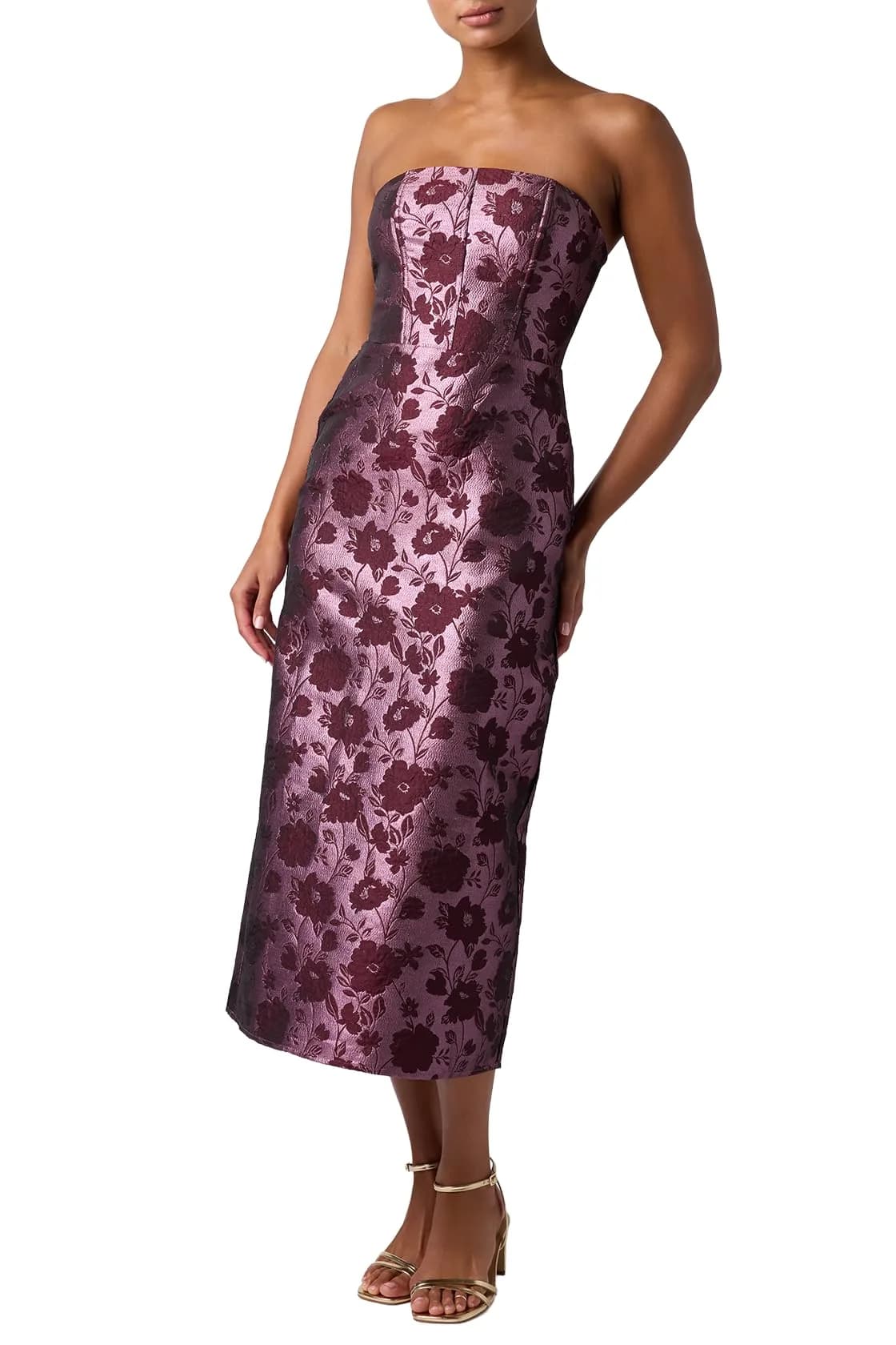 Lulus Emily Corset Floral Women's Midi Dress, Eggplant Floral | Elegant Strapless Fitted Midi for Formal & Party Wear