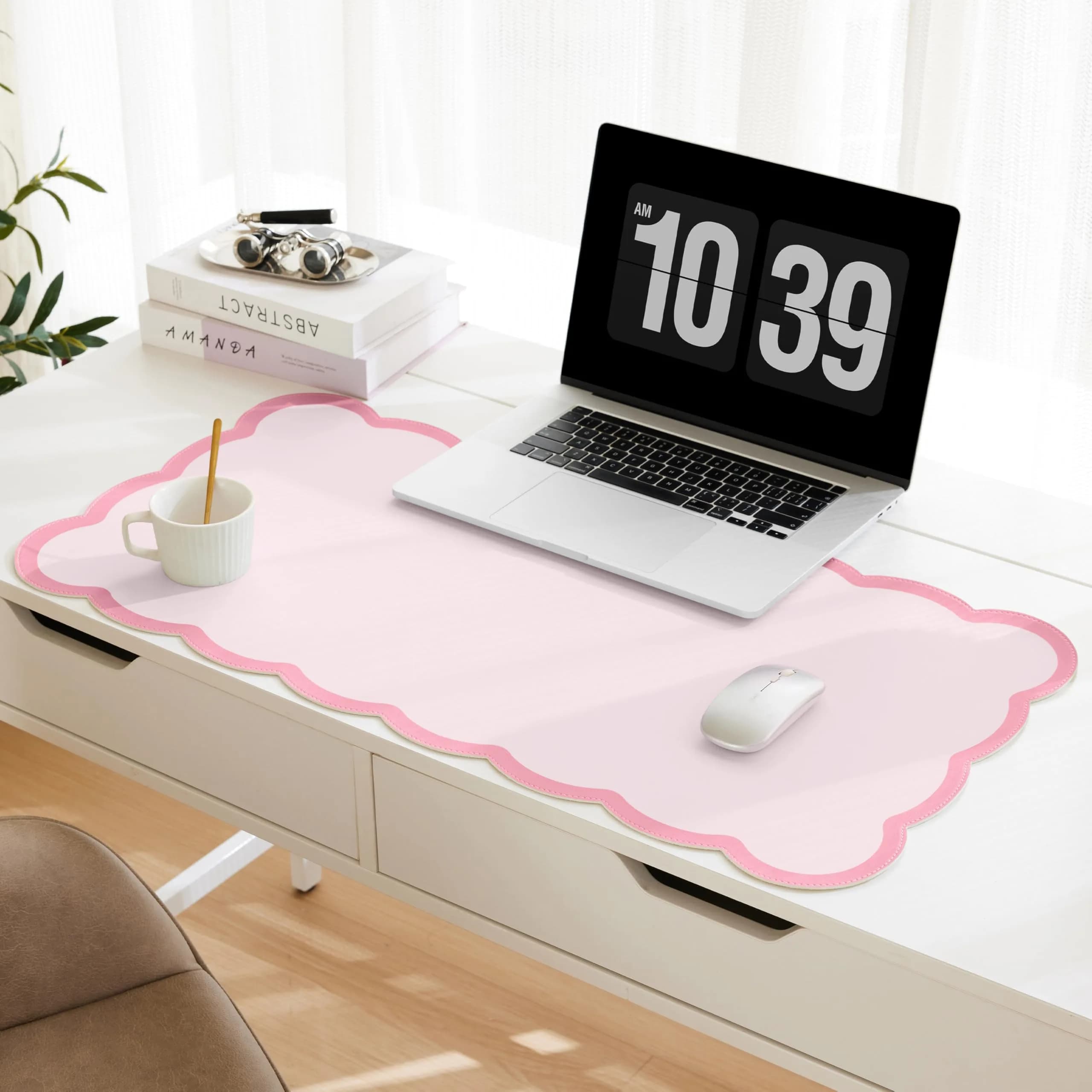 Ohocut Scalloped Desk Mat 31.5" x 15.7" | Pink PU Leather Large Desk Accessory - main product image