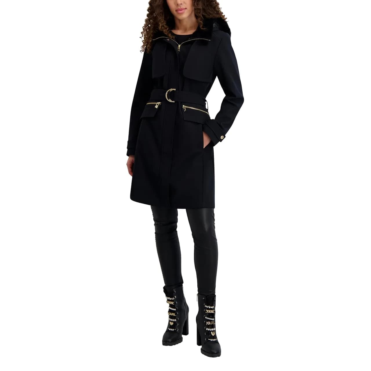 KARL LAGERFELD Paris Women's Zip Front Jacket with Fur Trim Hood Black, X-Small | Versatile Fall & Winter Coat for Women - main product image