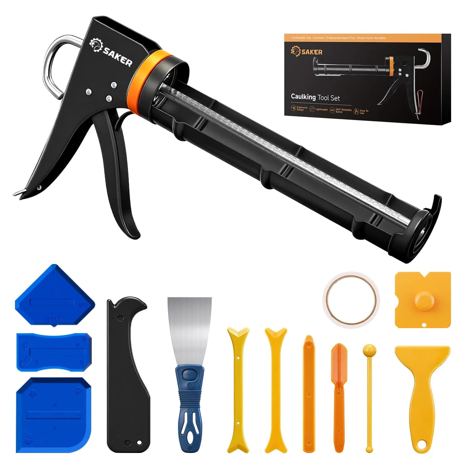Saker Caulk Gun Kit, Manual Caulking Gun with 11-in-1 Caulking Tool Set, Silicone Sealant Finishing Tools, Grout Scrapers & Shapers with Masking Tape for Bathroom, Kitchen, Window & Home Repair | Heavy-Duty, Dripless, 10oz Cartridge - main product image