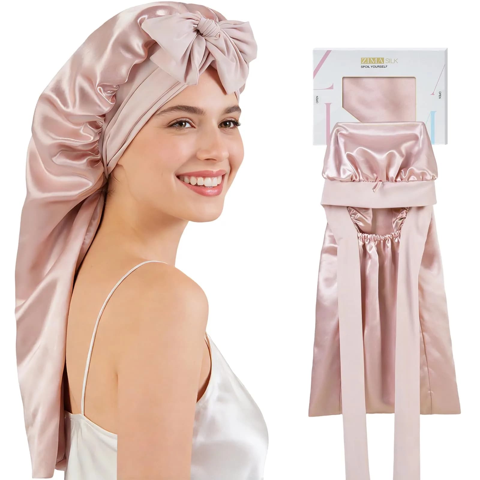 ZIMASILK Long Mulberry Silk Bonnet for Sleeping Women, Pink | 19 Momme 100% Mulberry Silk, Hypoallergenic & Durable