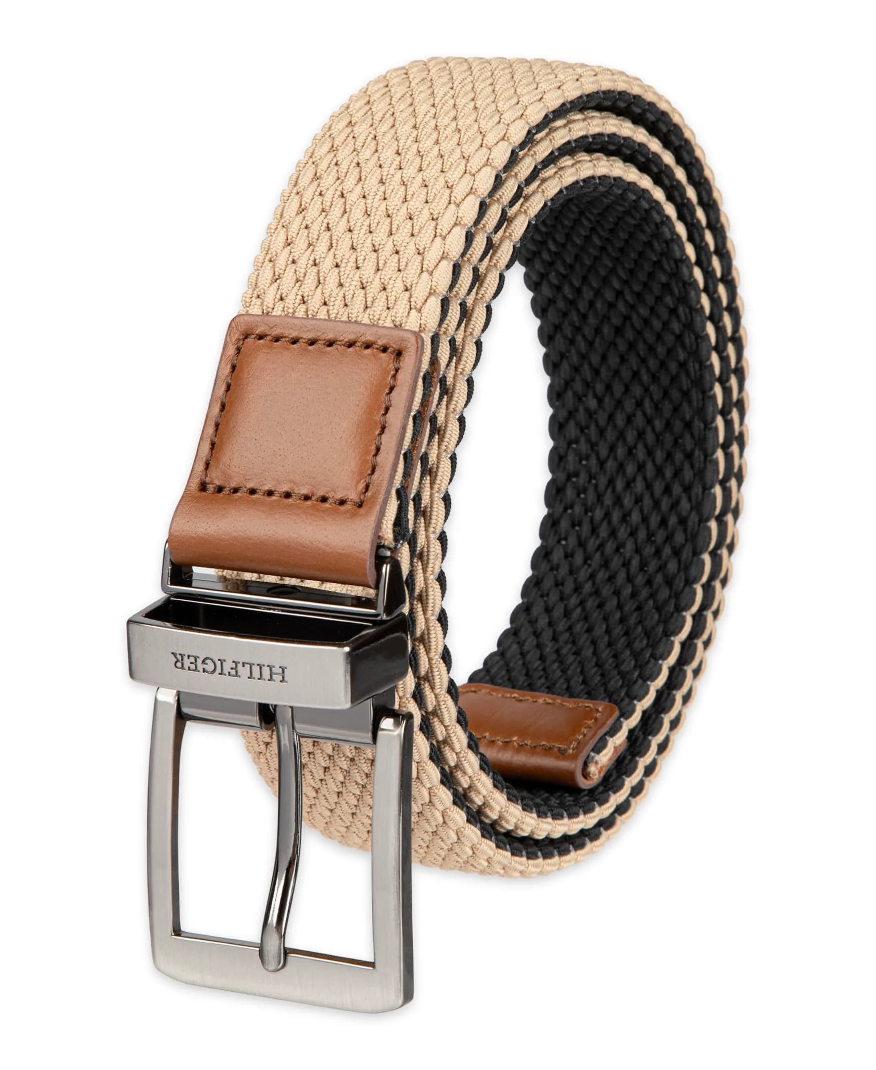 Tommy Hilfiger Men's Tan/Black Stretch Cord Reversible Fabric Belt, Medium