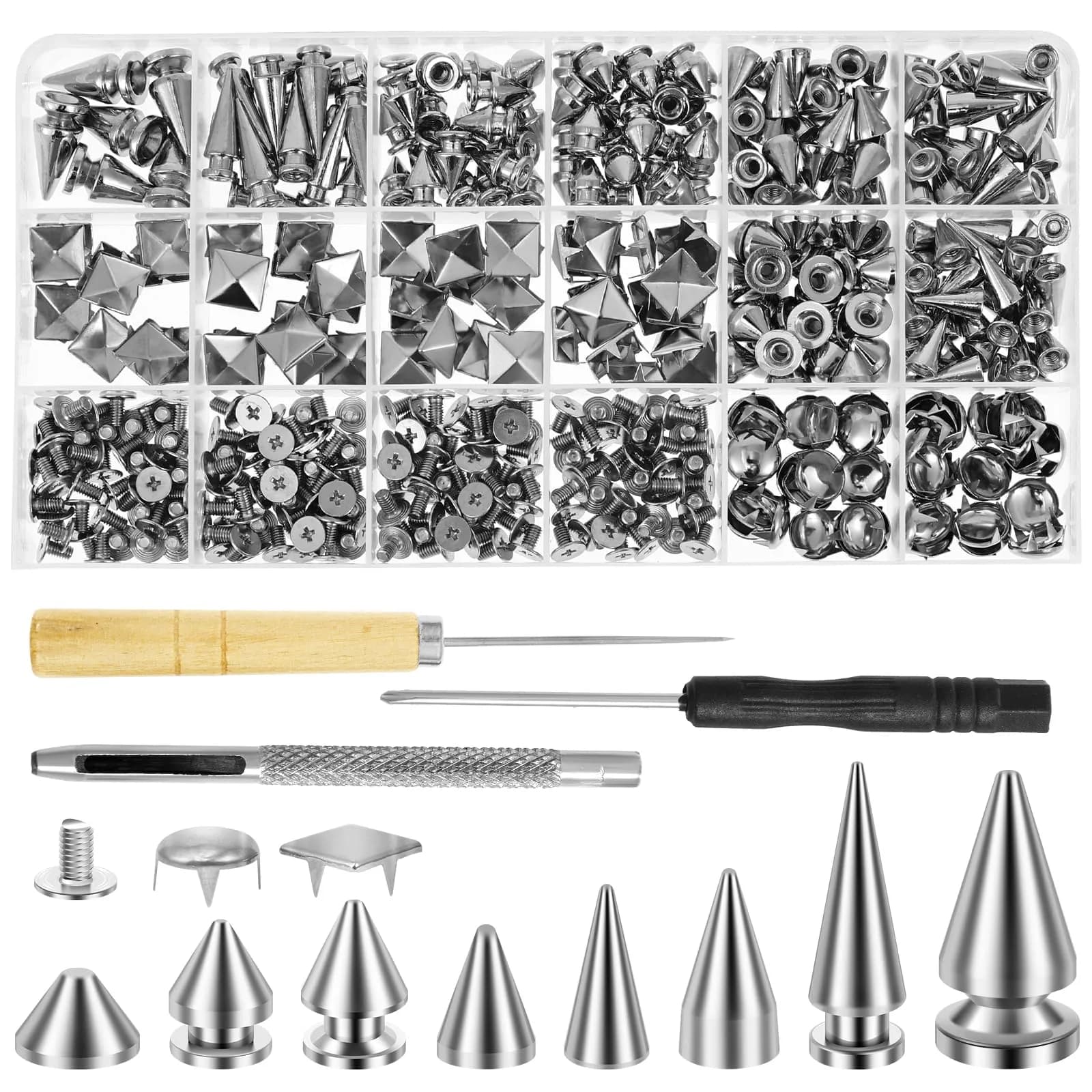 OWTWCNL Punk Spikes and Studs Kit 455Pcs | Metal Leathercraft Rivets for Jackets, Shoes, Wallets - main product image