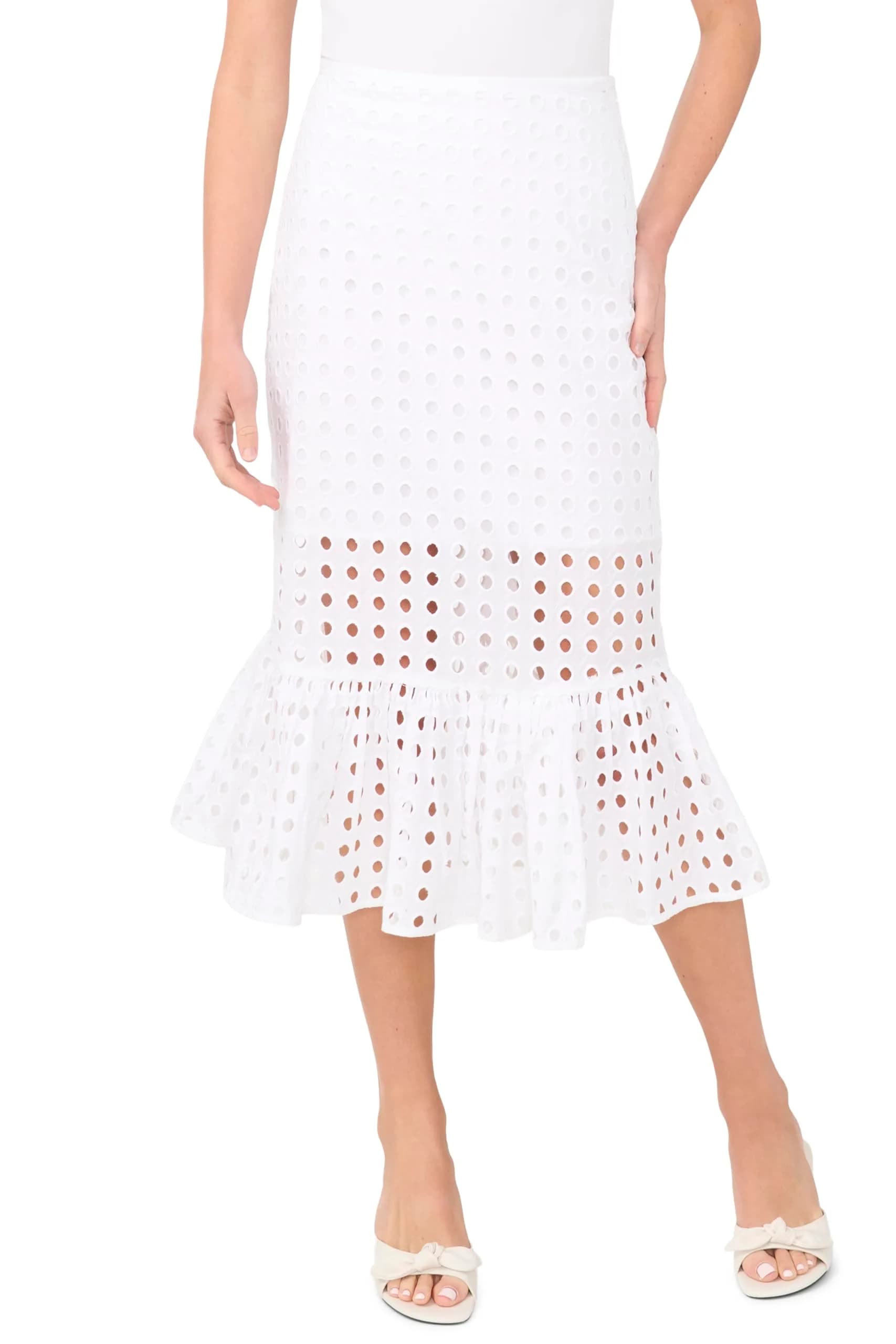 CeCe Eyelet Ruffle Tier Midi Skirt in Ultra White | Flowy, Romantic, 6 - main product image