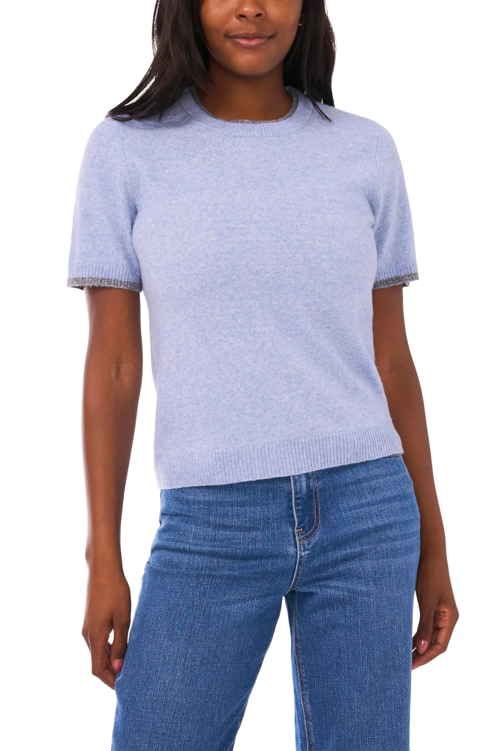 1.STATE Short Sleeve Crew Neck Sweater | Classic Crew Neck, Solid Blue, Adult - main product image