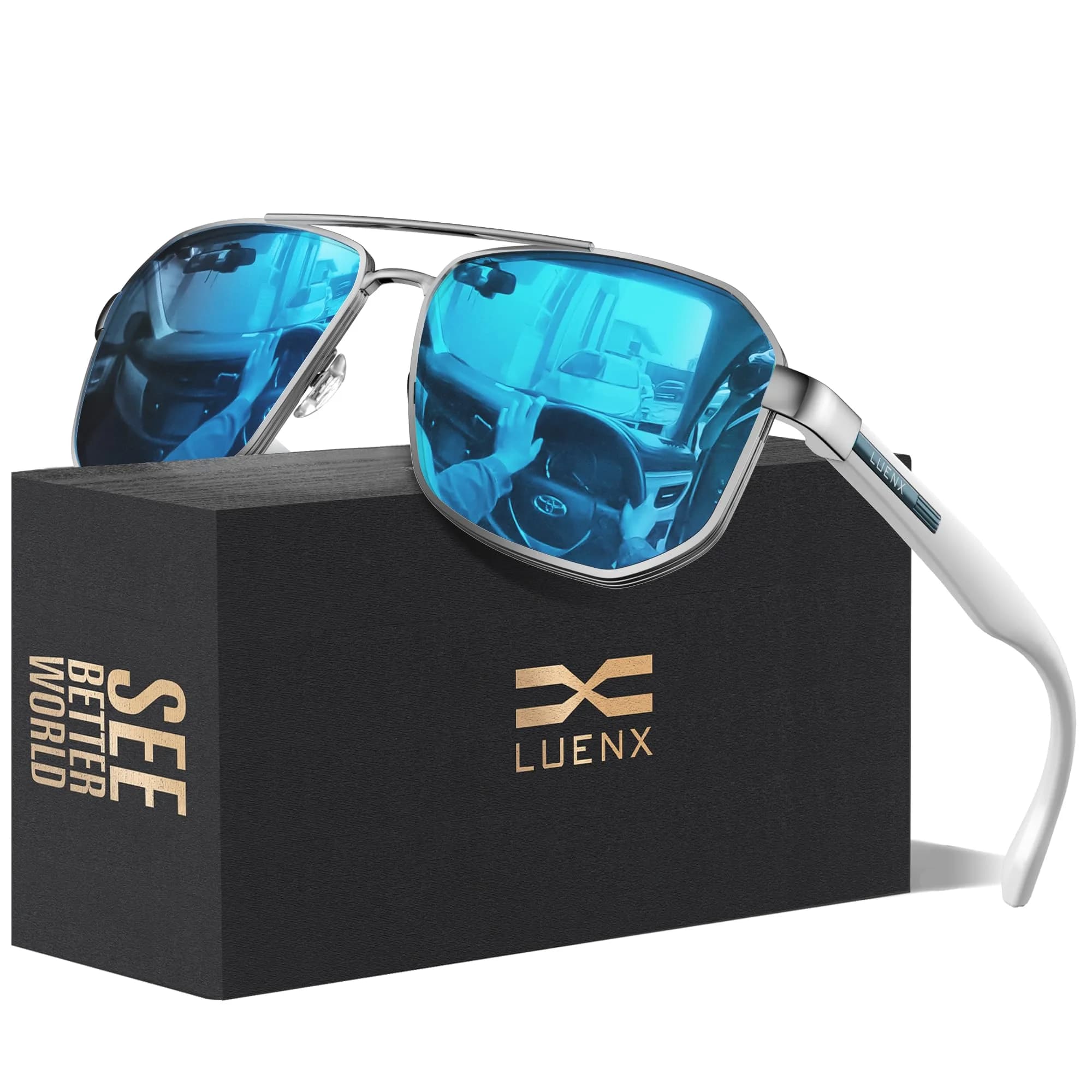 Luenx Aviator Polarized Sunglasses for Men: Square UV400 Driving | Stylish, UV Protection & Sturdy Design